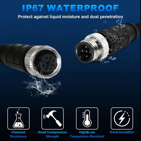 IP67 waterproof M12 A Code 5 Pin Male To 5 Pin Female Waterproof Connector Cable 9.9 Ft Built For Rugged Industrial Use showing connectors