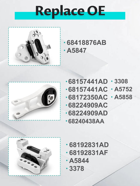 Three Piece Engine And Transmission Mounts Set For 2014 Through 2021 Cherokee And 2015 Through 2019 Chrysler 200 2.4L Replacement OE Numbers 68192831AF 68418876AB 68157441AD Beefed Up Mounts For Smooth Engine And Transmission Support on display with OE numbers listed