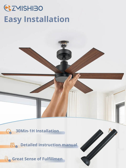 Person installing 48 Inch 6 Blade Ceiling Fan No Light Black Finish With Quiet Reversible DC Motor 6 Speeds Ideal For Living Room