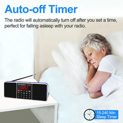 All In One Digital FM Radio Speaker MP3 Player with sleep timer on bedside table, woman sleeping, blue finish