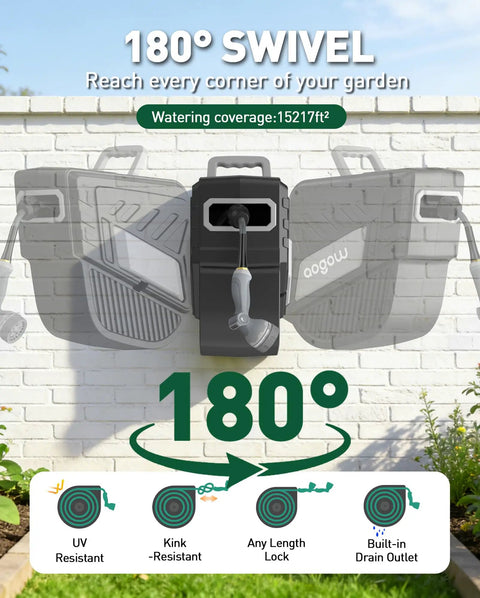 Wall Mount Retractable Garden Hose Reel with 180 Degree Swivel for Outdoor Yard