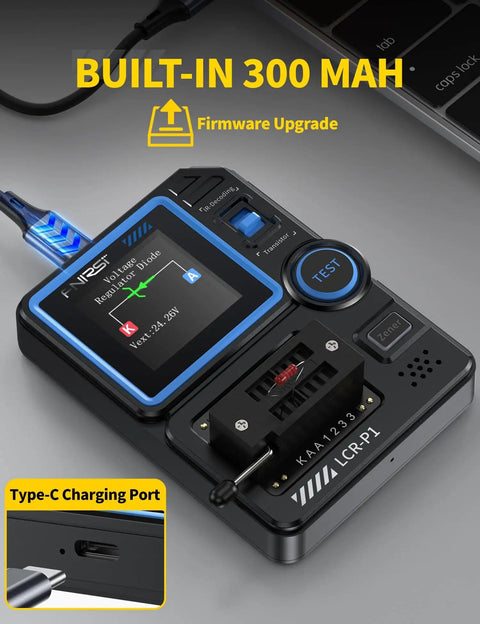 All In One LCR P1 Transistor Tester And SMD Component Analyzer with built-in 300 mAh battery, Type-C charging, and firmware upgrade option.