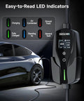 Heavy Duty Level 2 Ev Charger For Tesla With Nacs Cord And Nema 14-50 Plug At Forty Amps shows LED indicators on charger.