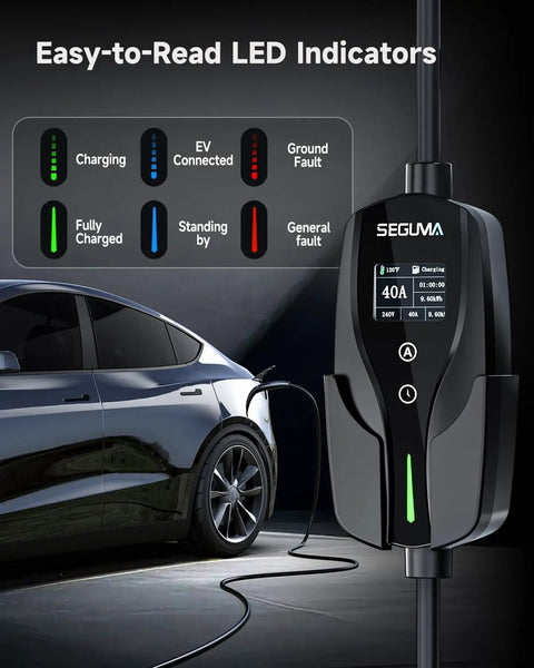 Heavy Duty Level 2 Ev Charger For Tesla With Nacs Cord And Nema 14-50 Plug At Forty Amps shows LED indicators on charger.