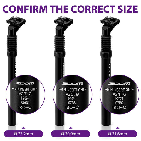 Three sizes of Bike Suspension Seatpost 30.9x350mm Shock Absorber Damper With Adjustable Clamp For E Bike MTB BMX shown
