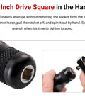 Close-up of a Quarter Inch Drive Five Inch Aluminum Spinner Handle With Steel Extension, showing the knurled grip and ratchet attachment