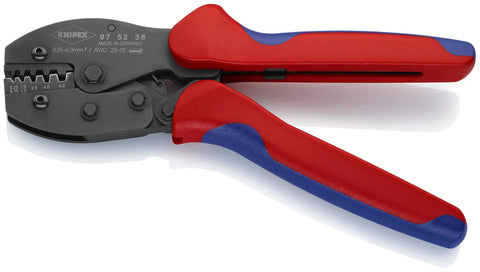 Five Position Ferrule Crimping Pliers For Insulated And Non-Insulated End Sleeves with red and blue handles, precision dies visible.