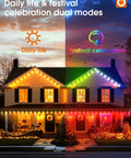 48Ft Smart Outdoor LED String Lights For Patio And Yard illuminating a house with daily and festival celebration modes.