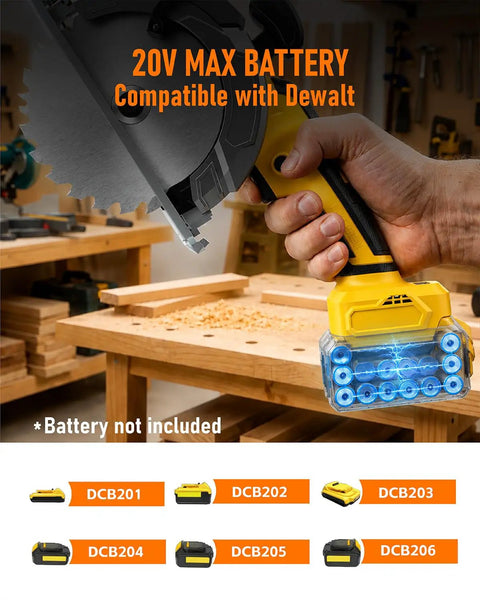 High-Output 6 1 2-Inch Cordless Circular Saw For Gnarly Cuts On Any 20V System battery compatibility with Dewalt displayed.