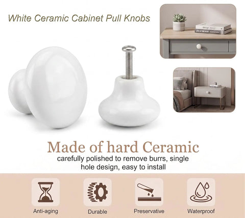 White Ceramic Cabinet Knobs 4 Pack Round Dresser Knobs For Kitchen Cabinets Drawers Nightstands And Bathroom Vanities Durable Ceramic With Metal Shaft 32mm Diameter 22mm Height Easy Install Upgrade white round ceramic knob with screw