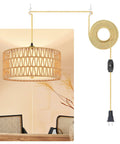 Straight Up Chic 13 Inch Gold Plug In Pendant Light With Super Smooth Rotary Dimmer Switch And Major Vibe Boho Rattan Fabric Hanging Lamp shown with power cord.