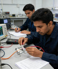 Technician using Adjustable Heavy Duty Soldering Jig For Circuit Board Mounting And Welding, electronics lab setting.