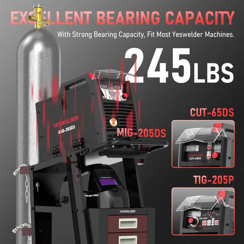 Welding cart with four drawers for MIG welder, TIG welder, plasma cutter, heavy duty, 245 lb capacity, black and red finish.