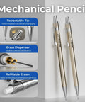 Mechanical pencil set with retractable tips, brass dispensers, and refillable erasers for precision drafting.