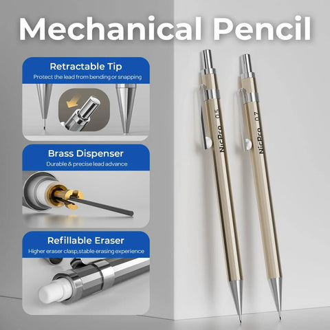 Mechanical pencil set with retractable tips, brass dispensers, and refillable erasers for precision drafting.