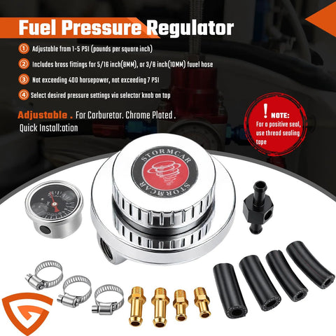 Universal Fuel Pressure Regulator Kit With 0-15 PSI Gauge And Adjustable 1-5 PSI Dial For Carburetor And Fuel Pump Plus Carburetor Fuel Block Upgrade For Precise Fuel Delivery And Smooth Throttle Response