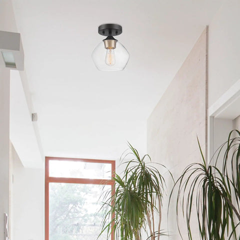 Harrow 1 Light Semi-Flush Mount Ceiling Light With Matte Black Finish, Gold Accent Socket, Clear Glass Shade in hallway