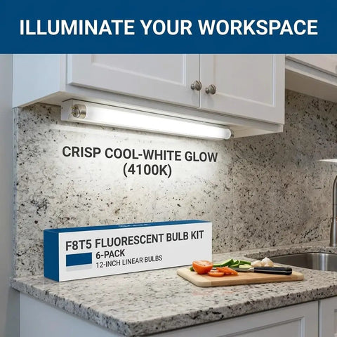 F8T5 Under Cabinet Fluorescent Bulbs 12 Inch 8W Tube Light Cool White 4100K Pack of 6 used in a kitchen setup