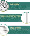 Close-up of half inch NPT bimetal thermometer dial, probe, and steel casing, 3.2 inch dial, dual scale for boilers