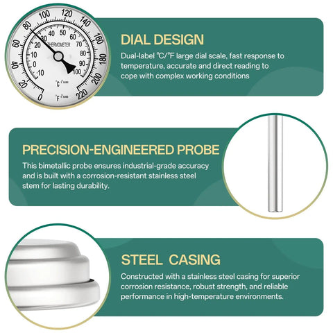 Close-up of half inch NPT bimetal thermometer dial, probe, and steel casing, 3.2 inch dial, dual scale for boilers