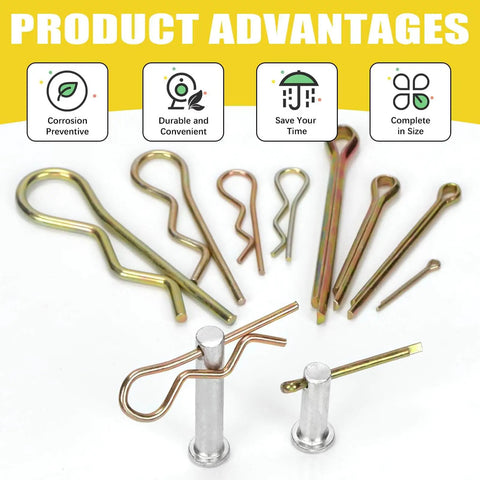 208Pcs Cotter Pin And Hairpin R Pin Assortment Kit With Zinc Plated Steel Fasteners In 11 Sizes displayed on white surface