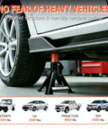 Heavy Duty 3 Ton Jack Stands For SUVs And Cars, Extra Tall Adjustable Height 13.39 To 21.06 Inches, 6,600 Lbs Capacity supporting a car