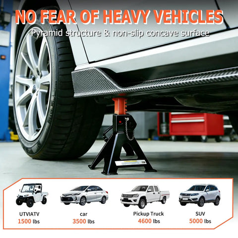 Heavy Duty 3 Ton Jack Stands For SUVs And Cars, Extra Tall Adjustable Height 13.39 To 21.06 Inches, 6,600 Lbs Capacity supporting a car