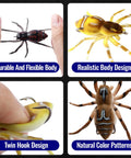 Weedless Topwater Spider Lure With Soft Hollow Body Walking Bait 4 Color Mix 4 Pack showing flexible body and color details.