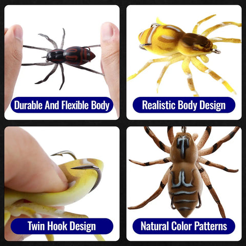 Weedless Topwater Spider Lure With Soft Hollow Body Walking Bait 4 Color Mix 4 Pack showing flexible body and color details.