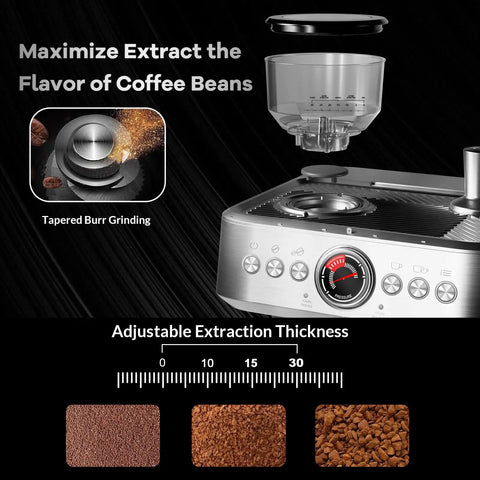 Real Day One Barista Gear Top Shelf Espresso Machine With Built In Grinder And Milk Frother, showcasing tapered burr grinder and adjustable thickness.