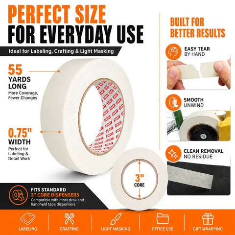 Value Pack Masking Tape 0.75 Inch Wide By 55 Yards Per Roll 10 Rolls Total 550 Yards Beige White Color For Painting Crafting School Projects Arts And Home Use A Sweet Deal For Classrooms And DIY Projects features and benefits