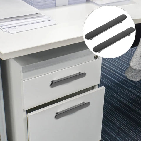 Black Arc Brushed Kitchen Cabinet Handles 2 Pack, 96mm Drawer Pulls installed on white office desk drawer