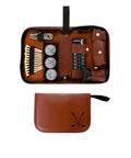 Custom Name Monogram PU Leather Golf Organizer Pouch with Engraving, open and filled with golf accessories, brown color