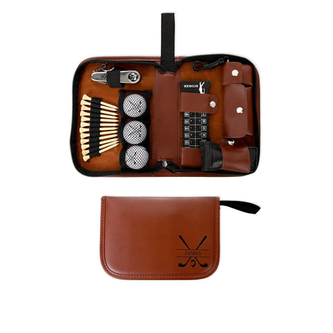 Custom Name Monogram PU Leather Golf Organizer Pouch with Engraving, open and filled with golf accessories, brown color