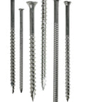 Heavy Duty Bugle Head Wood Screws Crafted From Type 316 Stainless Steel With T25 Six Lobe Drive grouped for decking projects.