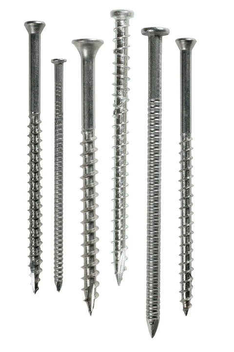 Bugle Head Wood Screws With Six Lobe Drive And T15 Bit Compatibility For Size 6 By One Quarter Inch shown in various lengths and designs.