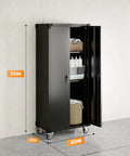 72 Inch Garage Storage Cabinet With Lockable File Cabinet And Tool Organizer, Heavy Duty Steel Storage Solution For Garage Workshop Or Home Office, Massive Capacity To Store Tools Hardware And Supplies, Keeps Everything Secure And Neat. 72in black steel cabinet on casters, front view with door open