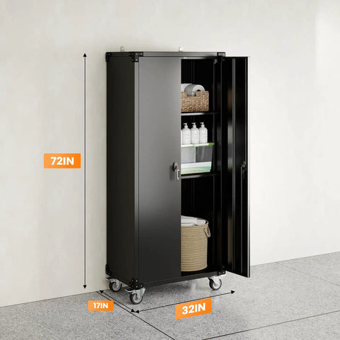 72 Inch Garage Storage Cabinet With Lockable File Cabinet And Tool Organizer, Heavy Duty Steel Storage Solution For Garage Workshop Or Home Office, Massive Capacity To Store Tools Hardware And Supplies, Keeps Everything Secure And Neat. 72in black steel cabinet on casters, front view with door open