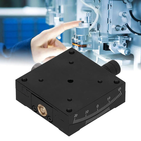 60x60mm Linear Stage Actuator With Manual Goniometer for Precision Alignment, shown in use on optical equipment, black anodized finish.