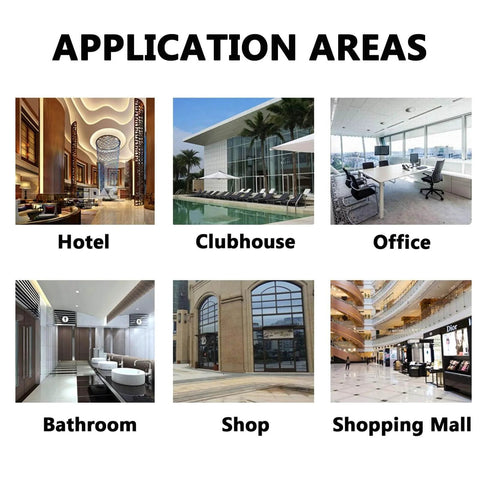 Application areas for stainless steel sliding door handle, including hotel, clubhouse, office, bathroom, shop, and shopping mall.