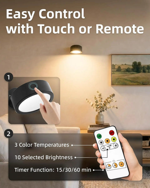 Cordless Led Wall Sconce With Rechargeable Battery Dimmable Touch And Remote Controls Three Warm To Cool Temperatures 360 Degree Rotation Zero Drilling Renter Ready Upgrade That Goes Hard For Bedroom Bedside Vibes Black Pack Of Two with touch control and remote displayed