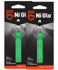 Ni Glo 2-Inch UV Rechargeable Glow Keychain For Camping Scuba Diving Night Fishing Hiking Emergency Kits And Everyday Carry A Multi-Purpose Glow In The Dark Accessory Attaches To Keys Backpacks Zippers Green 2 Pack on packaging