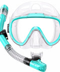 All In One Snorkel Set For Adults With Anti Fog Panoramic View Swim Mask And Dry Top Snorkel Kit Includes Carry Bag For Snorkeling Scuba Diving Swimming And Travel, showcasing turquoise mask and snorkel front view
