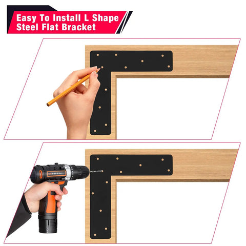Installation of Heavy Duty L Shape Bracket Set, 4 Pcs 12x12 Mending Plates With Black Powder Coat for 4x4 and 6x6 Frames