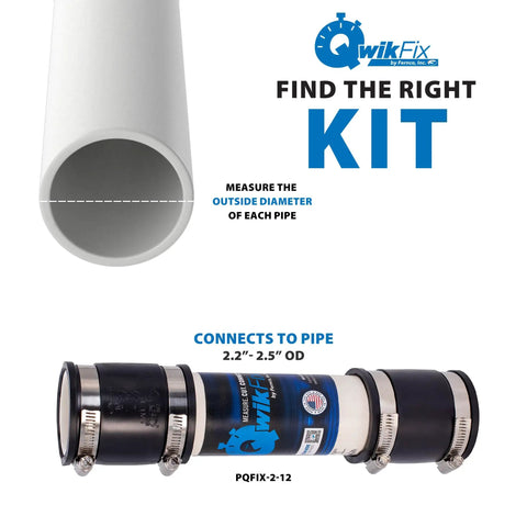 QwikFix 2-Inch Pipe Repair Kit for Plastic, Cast Iron and Steel pipes with couplings and measurement guide