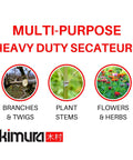 Multi-purpose heavy duty secateurs for branches, plant stems, and flowers, Kimura branding