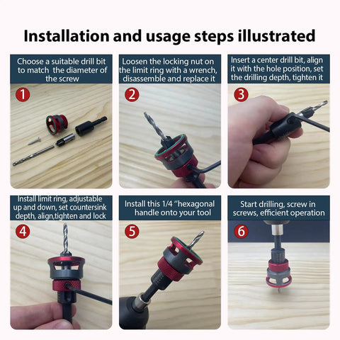 Pro Grade Countersink Drill Bit Set With Adjustable Depth Stop Aluminum Collar 5 Four Flute HSS M2 Tapered Bits usage guide