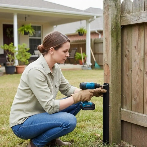 Person using drill to install Two Piece Fence Post Repair Kit With Heavy Duty 11 Gauge Steel Anchor Stakes for Broken Wood Posts.