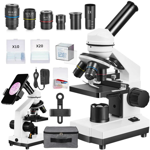 All In One Microscope Kit For Home Science Nerds And Curious Minds 40X To 2000X Monocular With 2 LED Lights and accessories