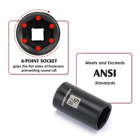 Six point design socket from Fourteen Piece Half Inch Drive Shallow Impact Socket Set With Three Eighths To One And One Quarter Inch Six Point Sockets Drop Forged CR-V Steel Black Oxide Finish Made For Auto Pros And Weekend Gearheads, labeled with ANSI standards.